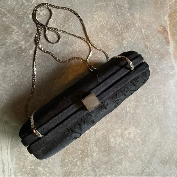 Vintage 80s Enzo Angiolini Floral Embroidered Black Satin Clutch Bag - Picture 8 of 11